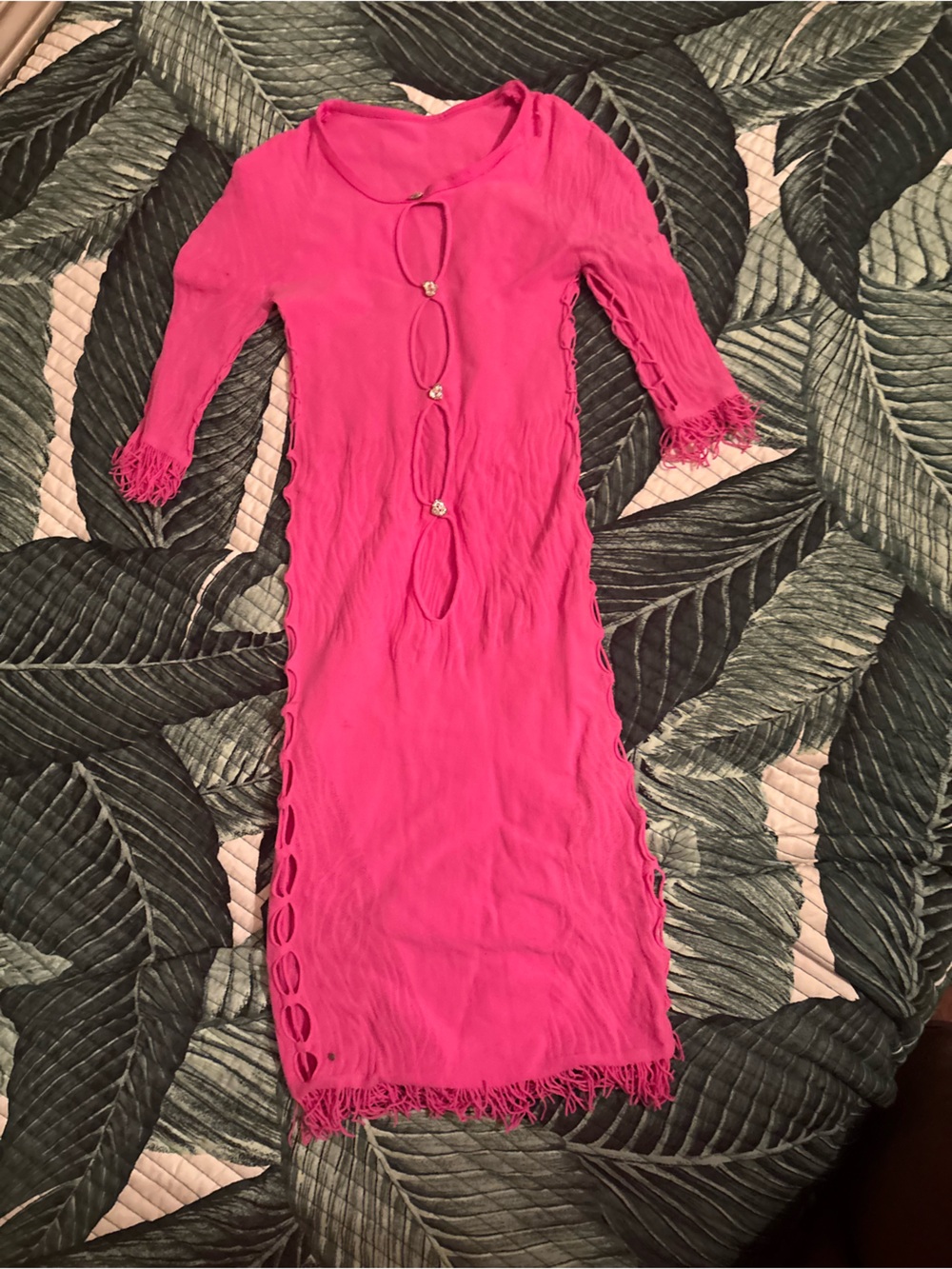 Women’s Pink Fringe Midi Dress with Cutlout Details